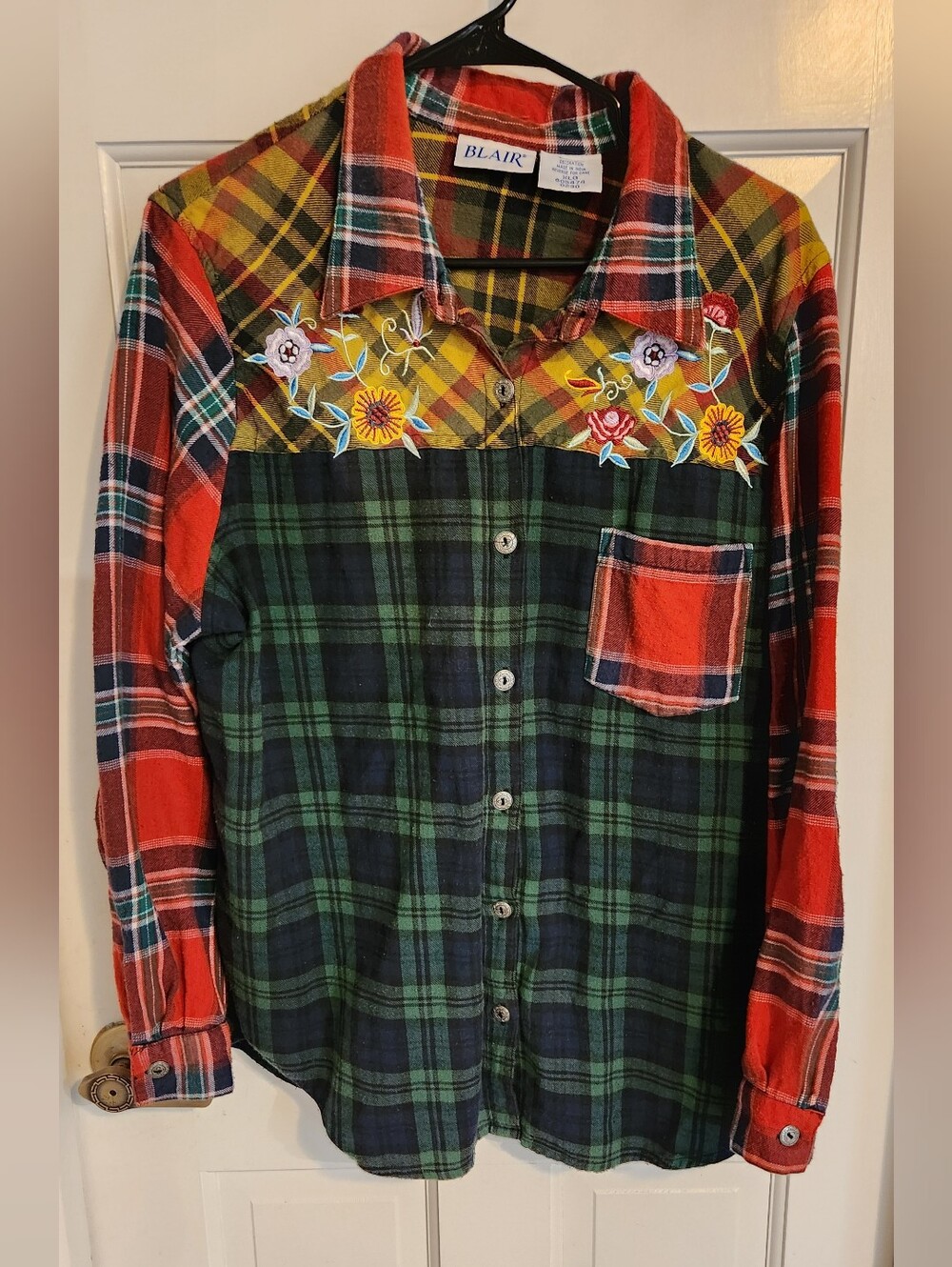 Vintage Blair Multicolor Plaid Flannel Embroidered Button-Down Shirt, Size Xl